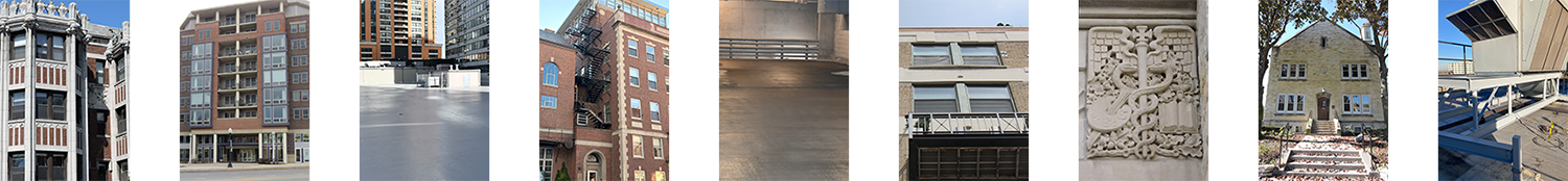 Various photos of details on buildings and columns.